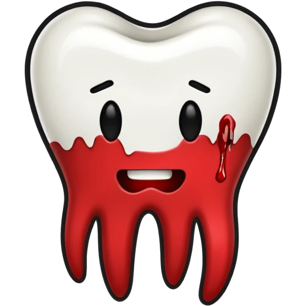 Minimalist emoji-style sticker of a pulled tooth with roots and a smear of blood at the base. Black and desaturated red colors. Flat, clean outline on white.
 emoji