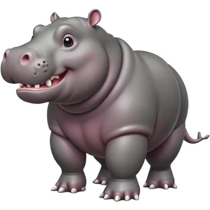 cinematic-hippo-realistic-full-body-side-view-standing-on-all-fours-emoji,-massive-round-frame,-wide-mouthed-grin-exposing-huge-teeth,-head-tilted-dramatically,-thick-grey-hide-glossy emoji