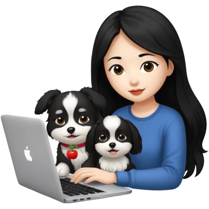 Asian girl with long black hair working on an Apple laptop, next to her is a small black and white dog emoji