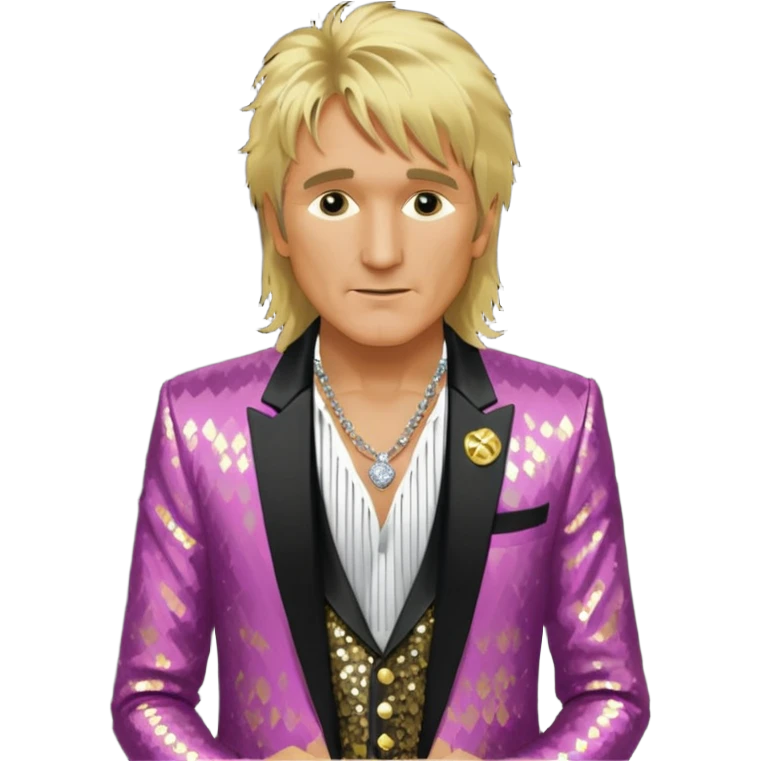 Rod Stewart with long blonde hair, gold sequin suit jacket, shirtless with necklace emoji