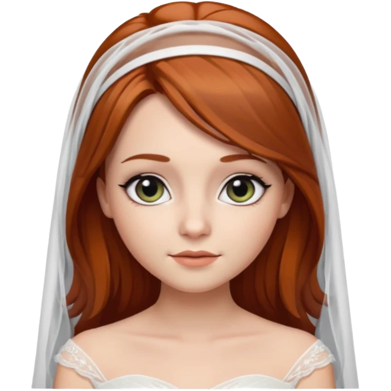 милая девушка невеста с фатой, с рыжими прямыми волосами по плечи, с черными макияжем глаз, тонкими бровями, в стиле Apple avatar emoji