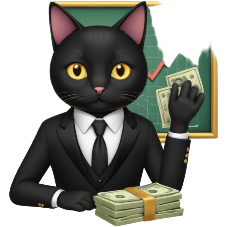 stock investing black and smart cat, with money and "stock charts" emoji