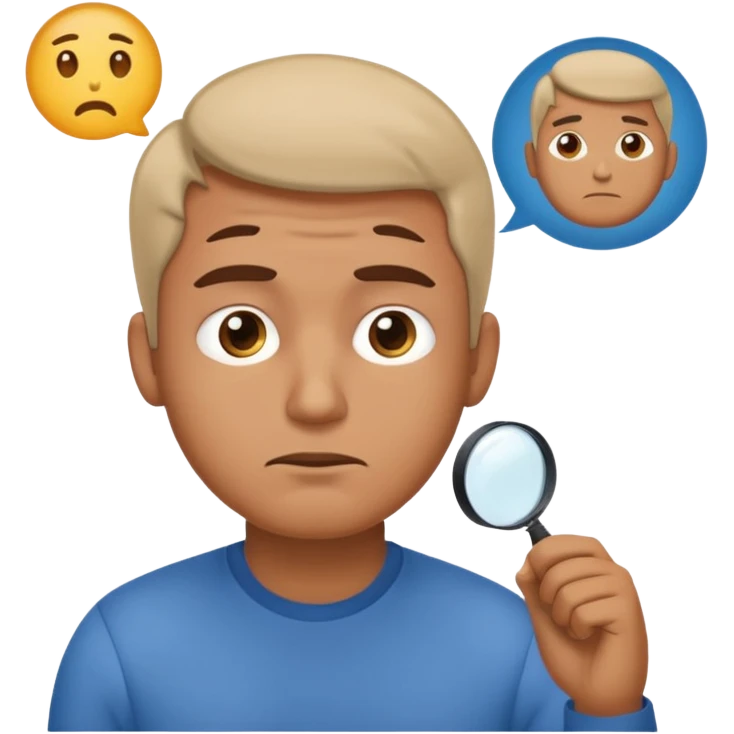 Realistic emoji-style man in simple everyday clothes, looking thoughtful and analytical. A thought bubble above his head shows a critical-thinking icon (question mark + magnifying glass). Soft lighting, expressive critical facial expression. emoji