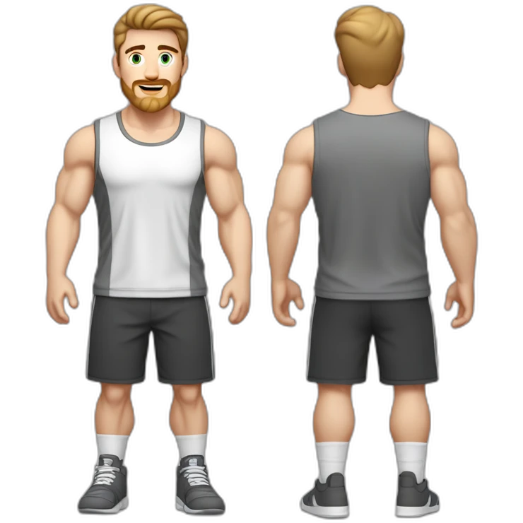 Full height Pale skinned fit man With biceps, Realistic eyes and mouth, light brown hair and stubble In dark gray sleeveless mike, black oversize sports shorts, watch and white sneakers. emoji