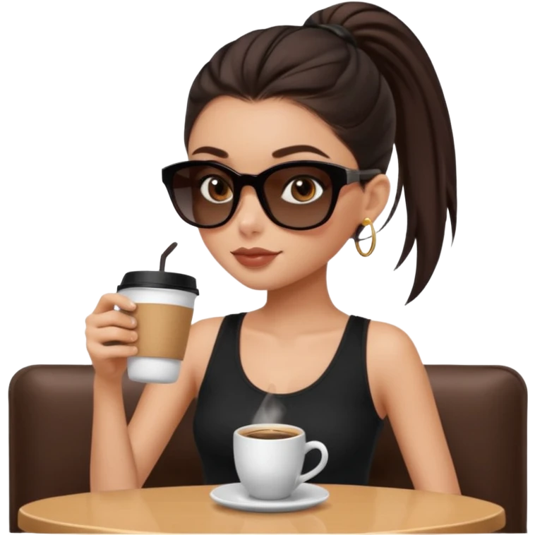 generate a pretty fair bratz girl with dark brown eyes, dark brown eyes tied into a slick back ponytail, thin brown sunglasses. Wearing a black cami top and drinking coffee emoji