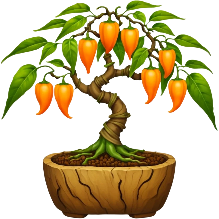 Very Large decorative gnarled bonsai pepper plant with fourty minuscule round orange-yellow wild peppers on it  emoji