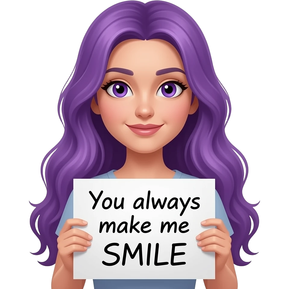 sexy girl with long purple hair and purple eyes holding a You always make me SMILE sign emoji