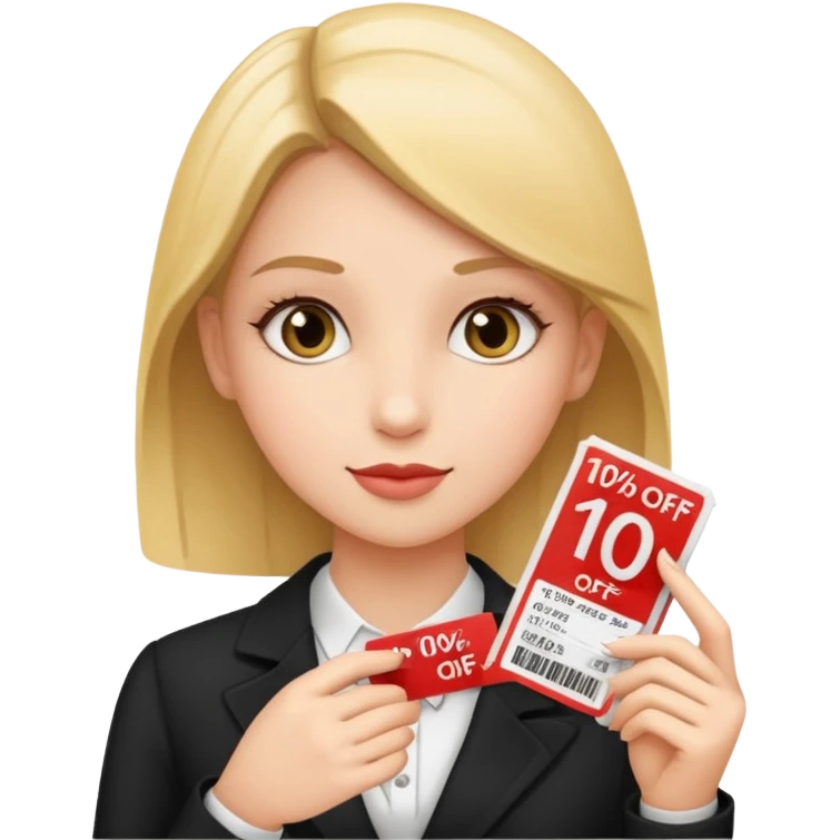 make a elegant girl with a ticket in her hand that says 10 precent off, emoji