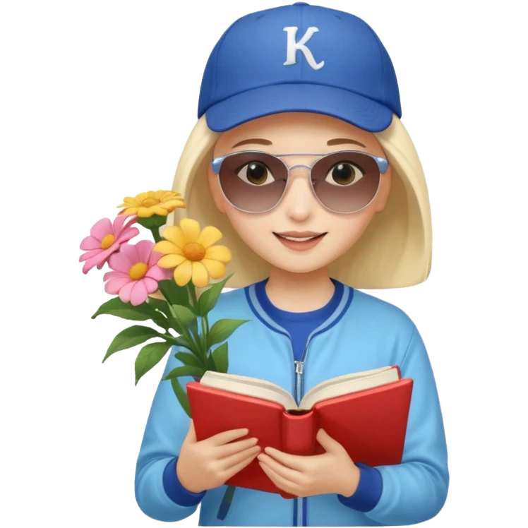 ["A happy girl with light skin, bald, wearing a baseball cap and sunglasses, dressed in K-pop fashion, is reading a book while holding a flower bouquet."] emoji