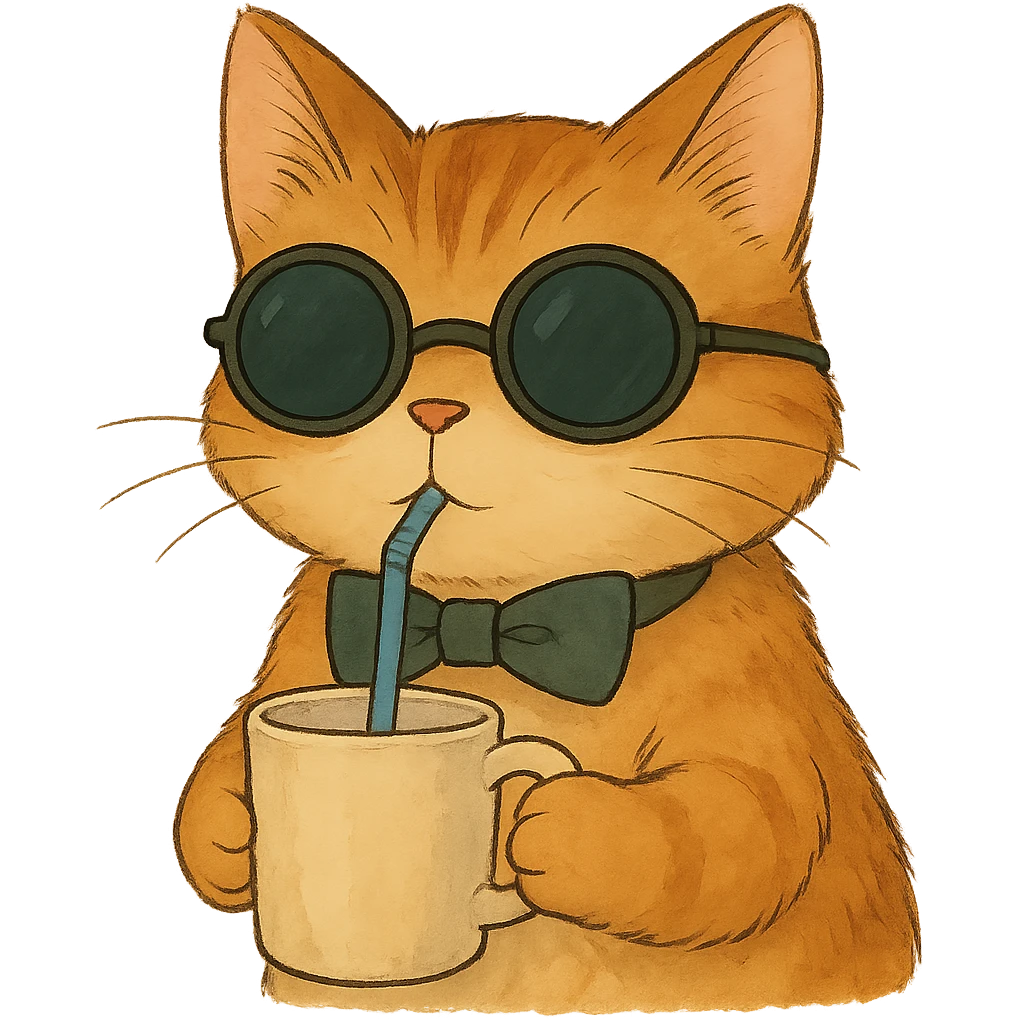 Animate the cat so it is drinking from a cup using a straw, keep the smooth and whimsical Ghibli style, with no background. emoji