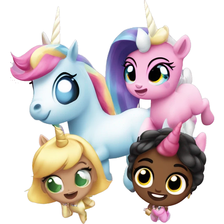 Four unicorns with power puff girls powers flying with hand up in the air emoji