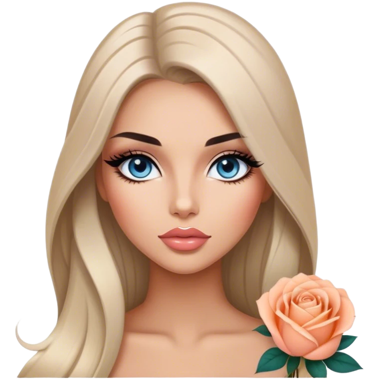 Glamours, tanned, very beautiful girl, with big pump peach-beige-rose lips, long long lashes, black straight smooth silky long hair, straight parting hair, blue-grey eyes emoji