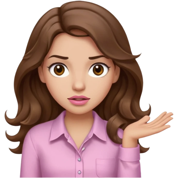 girl with wavy long brown hair, brown eyes, light to medium complexion, long lashes, light pink lipstick, wearing light pink shirt, shrugging emoji