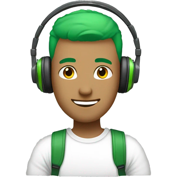 green haired man with a green hair buzz cut with headphones on his head with a white tee shirt  emoji