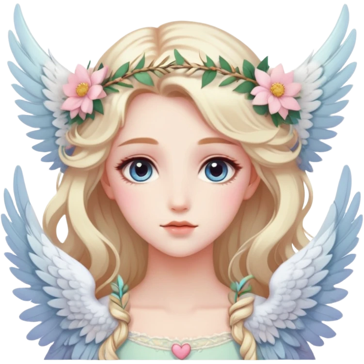 Dreamy pretty pastel anime flowers feathers hearts wings angelic laurel lady with pretty hair and gorgeous eyes aesthetic emoji
