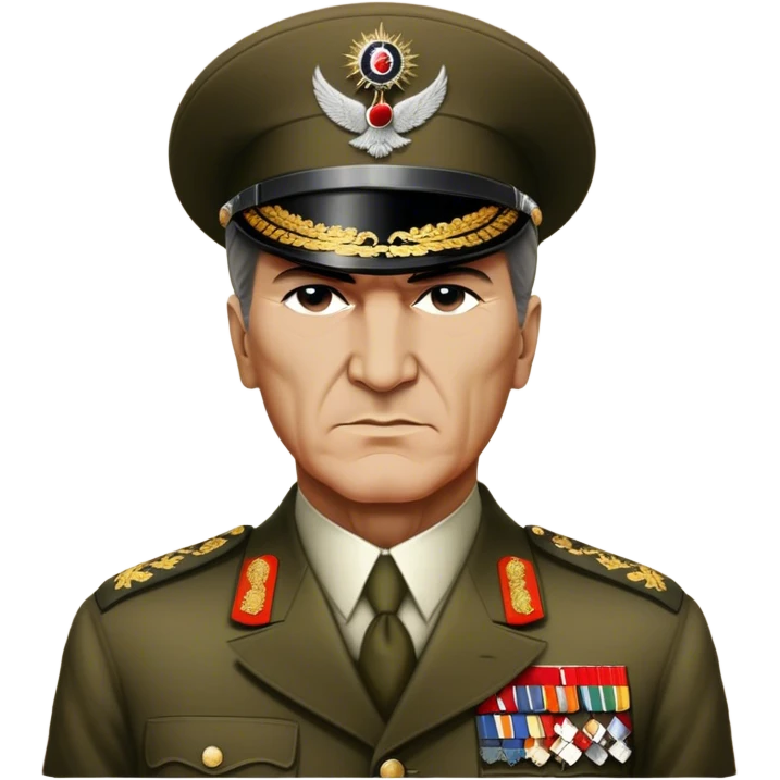 Cinematic Realistic Mustafa Kemal Atatürk Portrait Emoji, depicted as a visionary statesman with a determined gaze and period military attire, rendered with rich textures and dynamic historical lighting that captures his transformative leadership. emoji