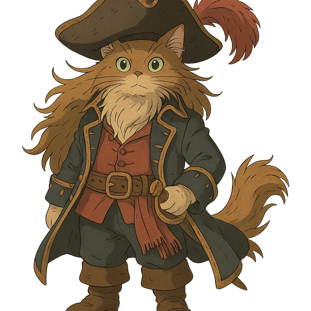 ghibli style cat dressed as pirate captain with flowing fur and detailed costume emoji