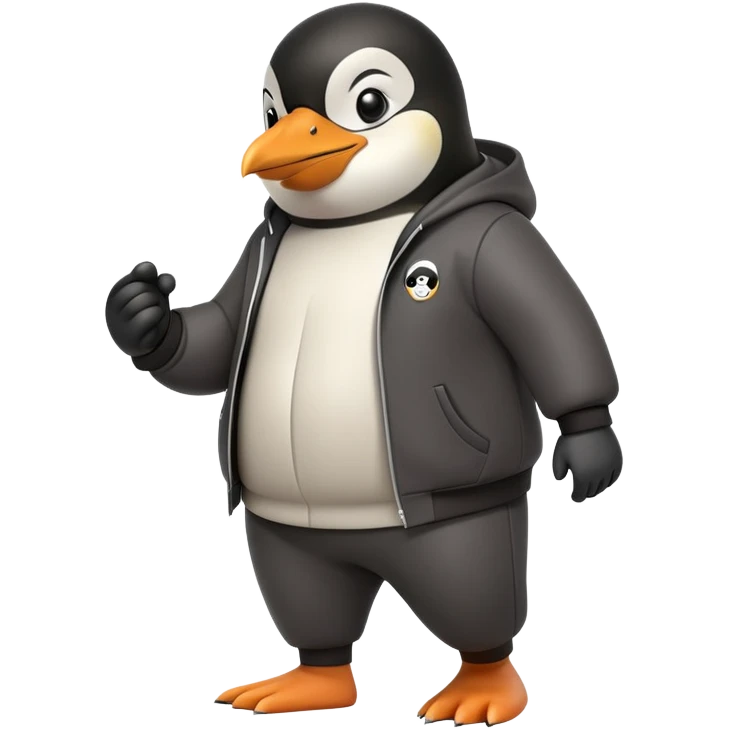 friendly anthropomorphised penguin wearing a mafia-style tracksuit, secretive scheming pose, soprano vibe, angry expression, walking quickly with a tense hurried stride, holding a knuckle duster emoji