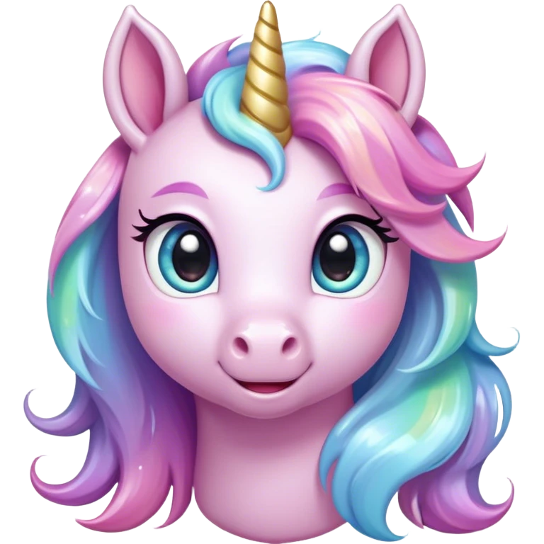 Cinematic pastel-colored unicorn, flowing iridescent mane, big sparkling eyes, tiny rounded hooves, soft chubby cheeks, delicate magical glow surrounding, enchanting and dreamy. emoji