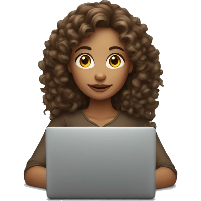 The woman with fair skin, curly long brown hair sit with laptop apple emoji