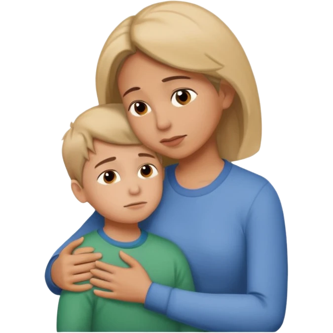 A large breasted mother hugs and comforts her son facing eachother. emoji