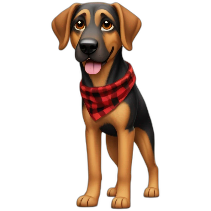 adult 75% Coonhound 25% German Shepherd mix dog with visible tail wearing small pointed red buffalo plaid bandana full body walking left quickly emoji