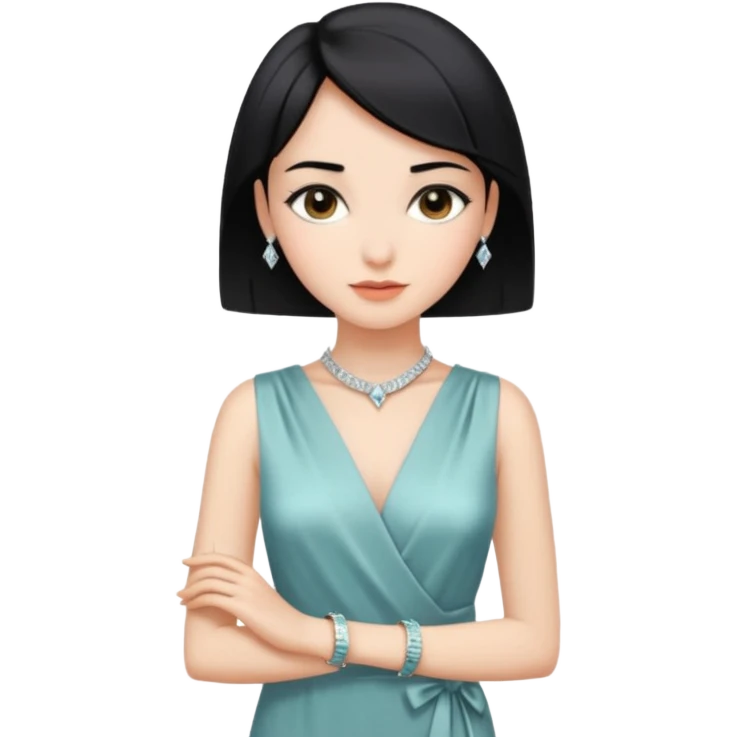 emoji of a young elegant lady, short straight black hair, wearing a silk wrap dress and diamond bracelet, gentle expression emoji