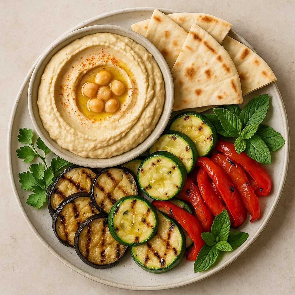 realistic Mediterranean platter with hummus, pita, grilled vegetables, and fresh herbs, top-down view emoji