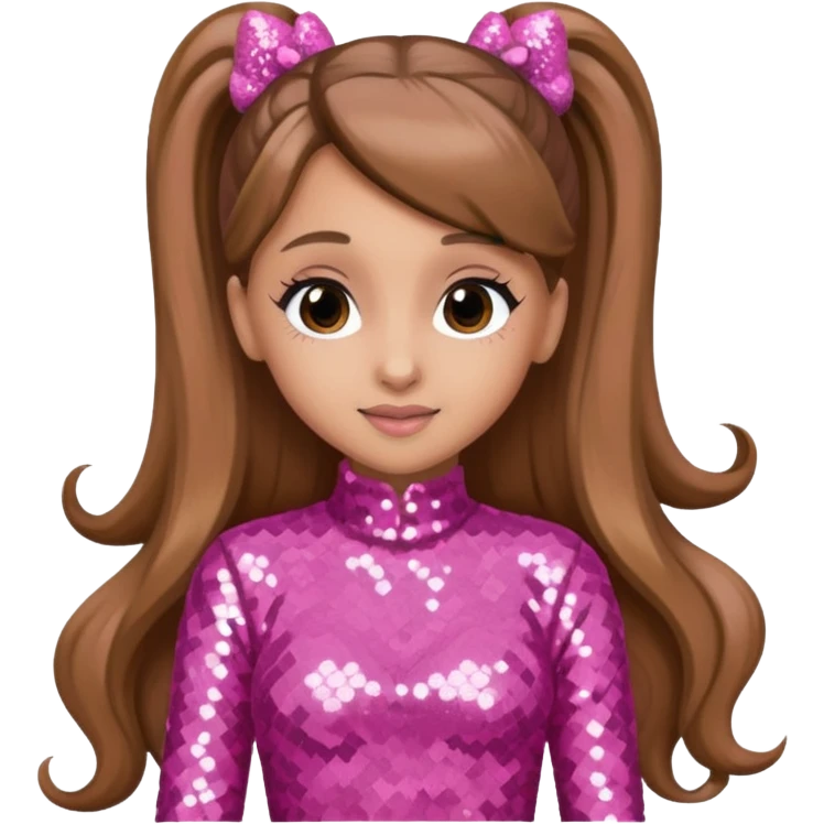 Ariana Grande with long light brown hair, pink sequin outfit emoji