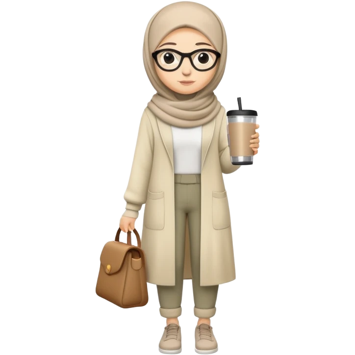 A full-body cartoon female characterShe wears a neutral-toned hijab and glasses, matching the facial features of the provided reference (friendly expression, neutral skin tone). She is dressed in a modest yet trendy outfit, carrying a tumbler. emoji