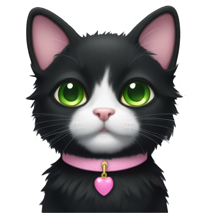fluffy black tuxedo cat with green eyes and pink nose emoji