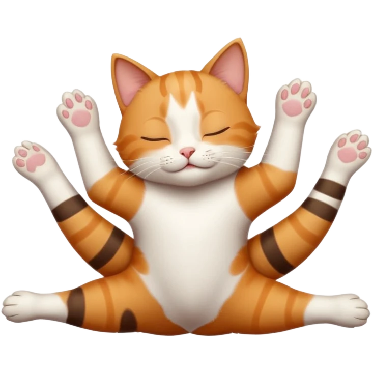ginger and white small cat eyes closed lying down upside down with paws stretched out straight in different directions emoji