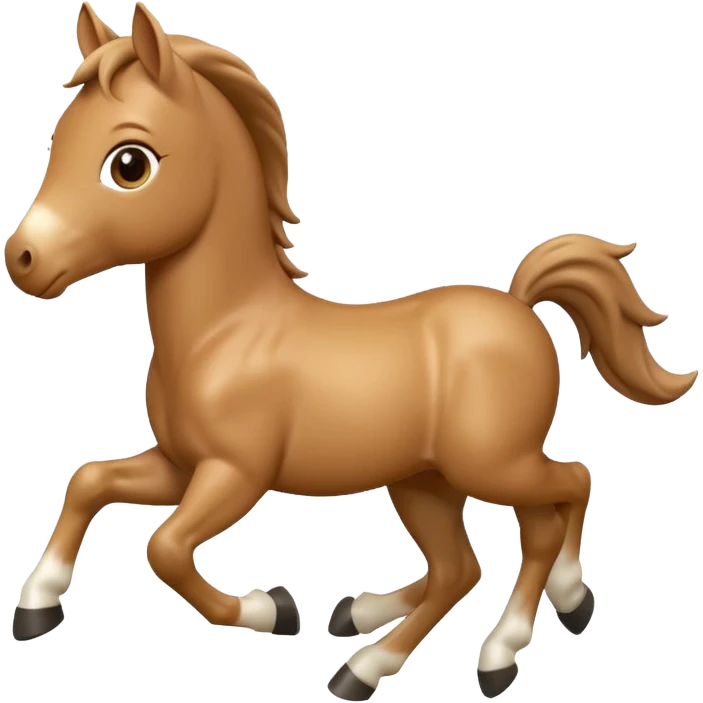 3D Apple-style emoji of a running foal. Small young horse with light brown body, short mane, big eyes, rounded and glossy, smooth shading, white background.

 emoji