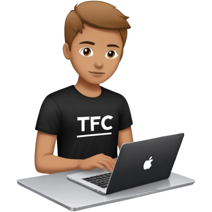 a person in a black t shirt with TFC text on it and laptop emoji