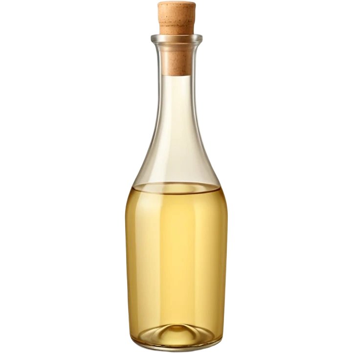 upright glass bottle with pale golden white wine vinegar, slightly tall, smooth curved shape, narrow neck, simple beige cork or cap, clear liquid with warm tint, no label or branding, soft lighting, subtle shadows, emoji scale emoji