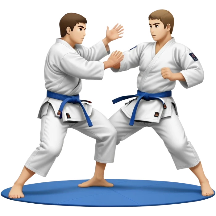 Two judo practitioners in traditional gi, one executing a powerful throw while the other is countering with a defensive move. The background features a judo mat and a focused dojo atmosphere. Transparent background highlights the precision and technique of judo. emoji