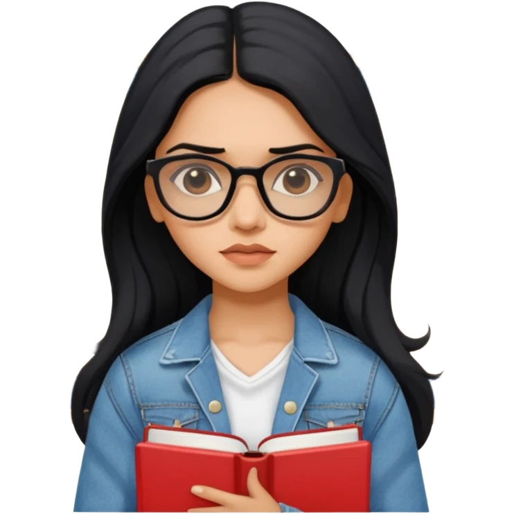 generate a pretty bratz emoji 
Make her look like Deepika Padukone wear a white dress with a denim jacket over it.long  black hair in a side part. Holding books

She should look exactly  like Deepika padukone! wearing tiny rectangular spectacle, looking sad emoji
