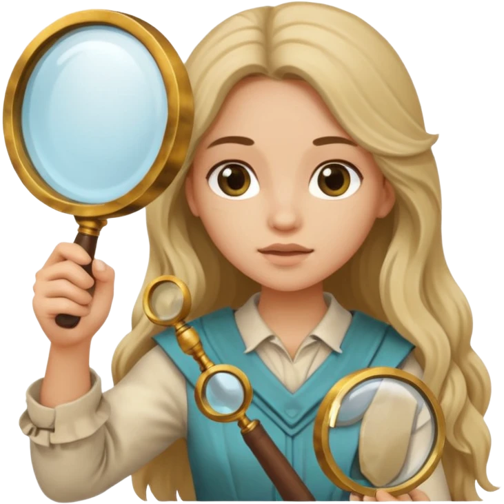 long haired girl in archaeological outfit, holding magnifying glass emoji