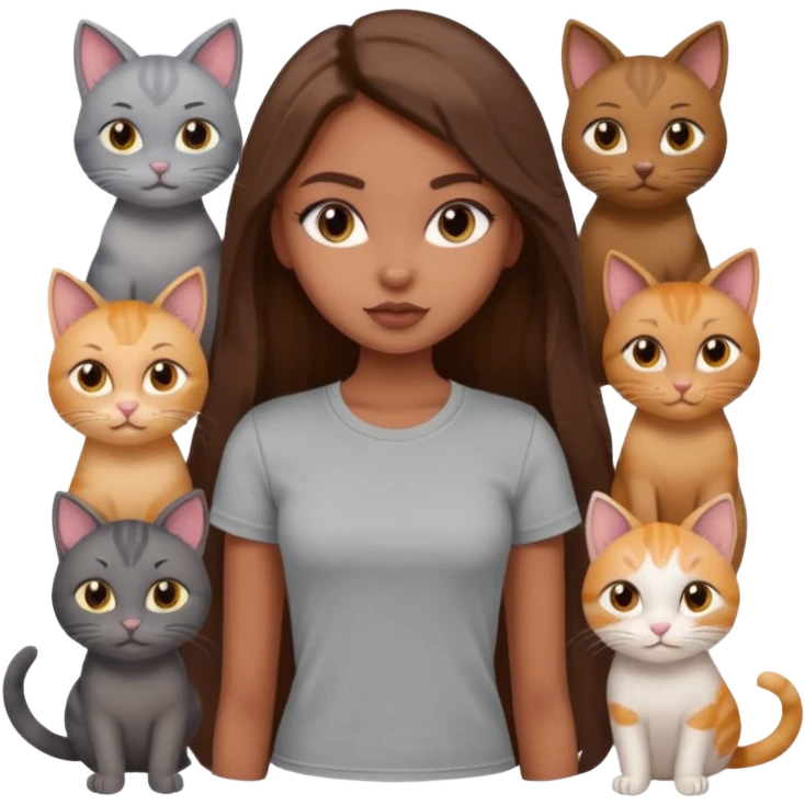 a pretty bratz dusky girl with long brown hair with six cats nd wearing a grey tshirt emoji