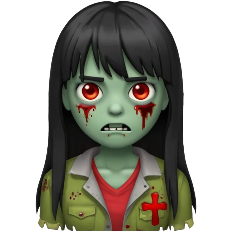 Un emojin de zumbi com cabelo comprido preto e franja emoji