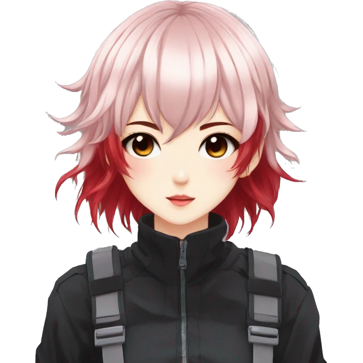 Gorgeous anime style shojo character with blushing face aesthetic and pretty edgy black red punk hair with hair garment trending style emoji