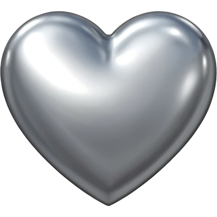 Liquid chrome heart emoji, silver metallic color, iOS emoji style, smooth reflective surface, rounded shape, realistic highlights, minimal background emoji