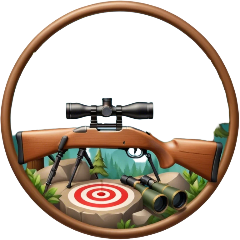 Icon for Hunting Tourism: hunting rifle, binoculars, and a target, surrounded by nature elements like trees, mountains, and wildlife tracks. The icon should represent the adventure and exploration of hunting tourism. Transparent background. emoji