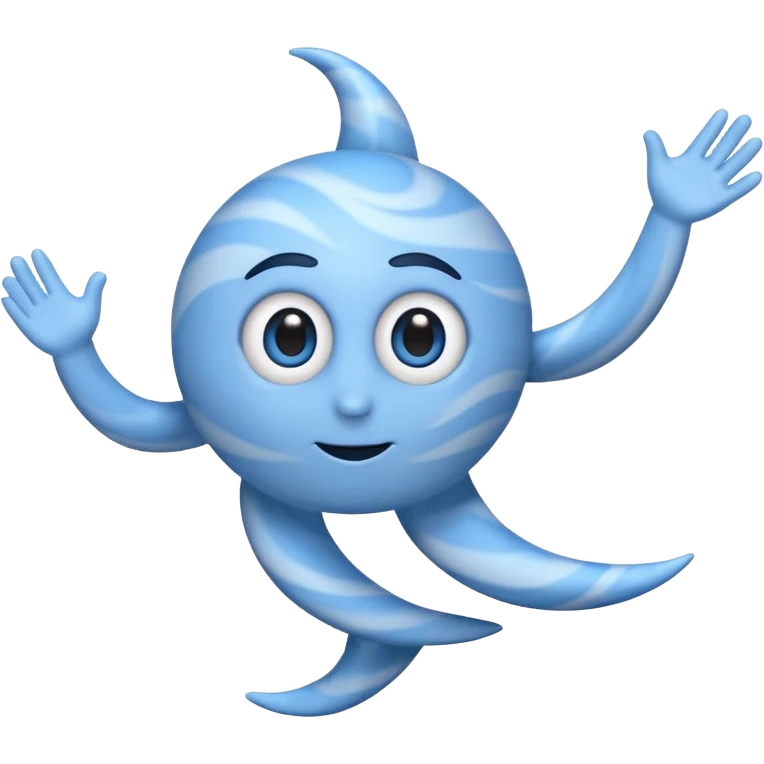 mascot-style cyclone emoji, blue swirl with large expressive cartoon eyes at top, thin black arms and legs sticking out, fun lively pose, clean emoji look, simple shading emoji