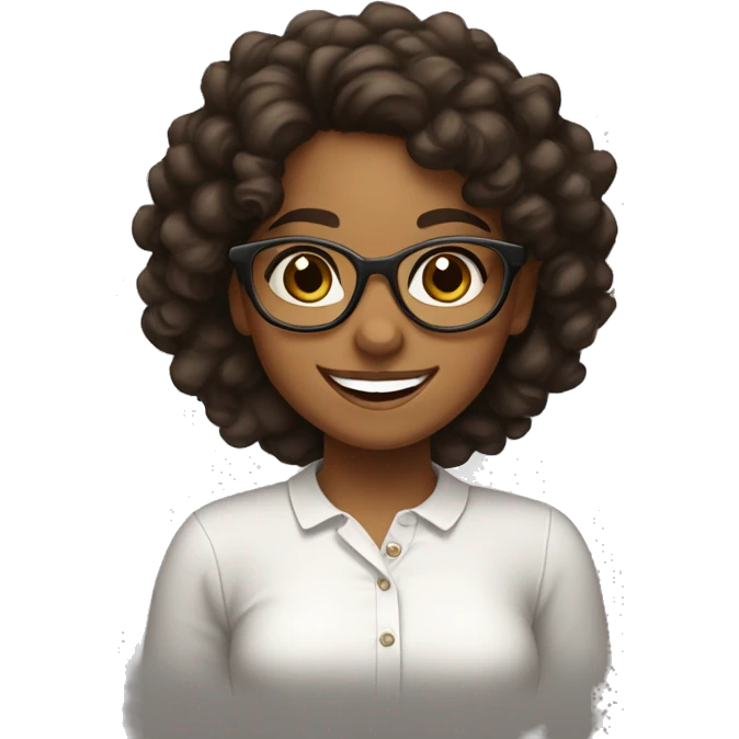 Brown girl, with dark curly hair, wearing glasses and has a big smile, she looks very happy, she has a white shirt on emoji