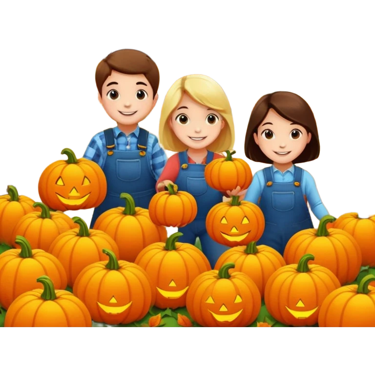 children picking pumpkins in a pumpkin patch, orange leaves, happy faces emoji