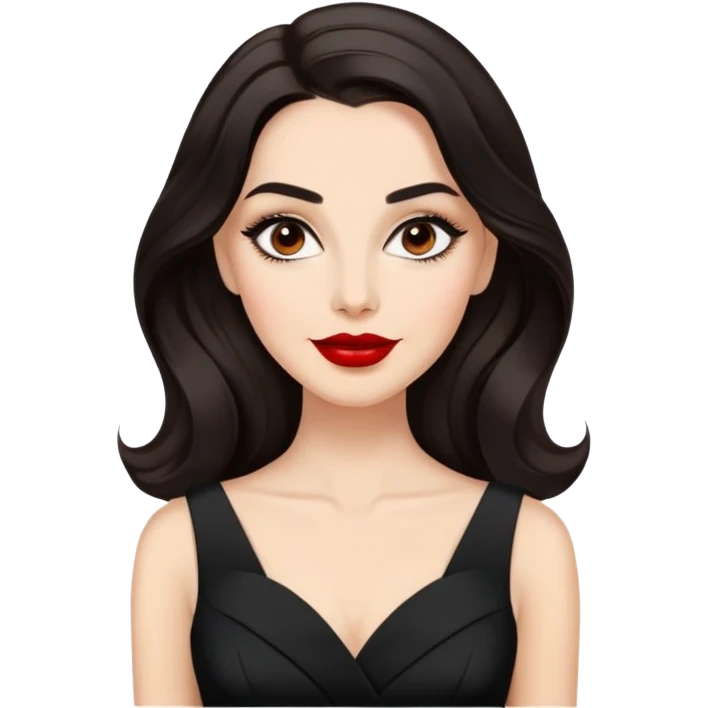 Distinguished actress with bright complexion, long dark hair with soft waves, large expressive dark eyes with classic makeup, defined brows, red lipstick, wearing elegant black dress, confident professional smile emoji