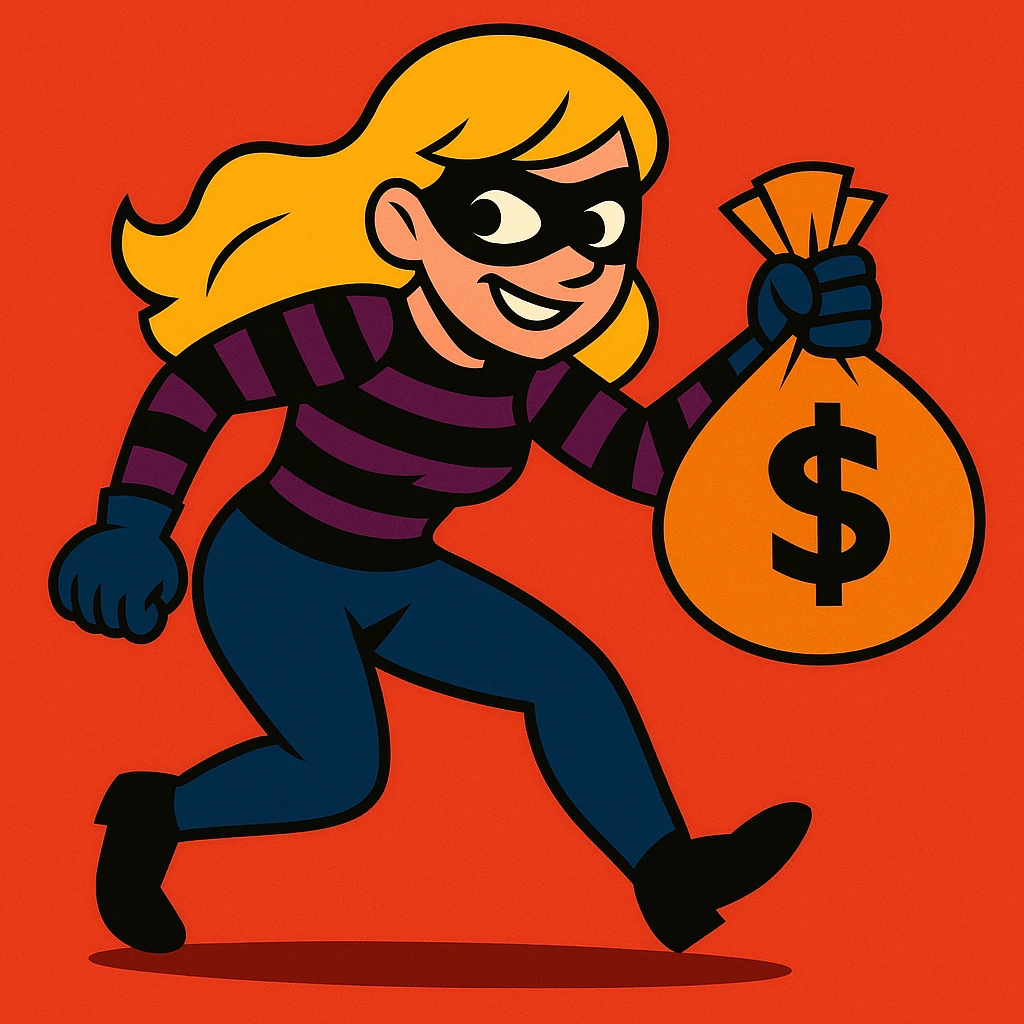 blonde female thief with a money bag, sneaky expression, vibrant toon style emoji
