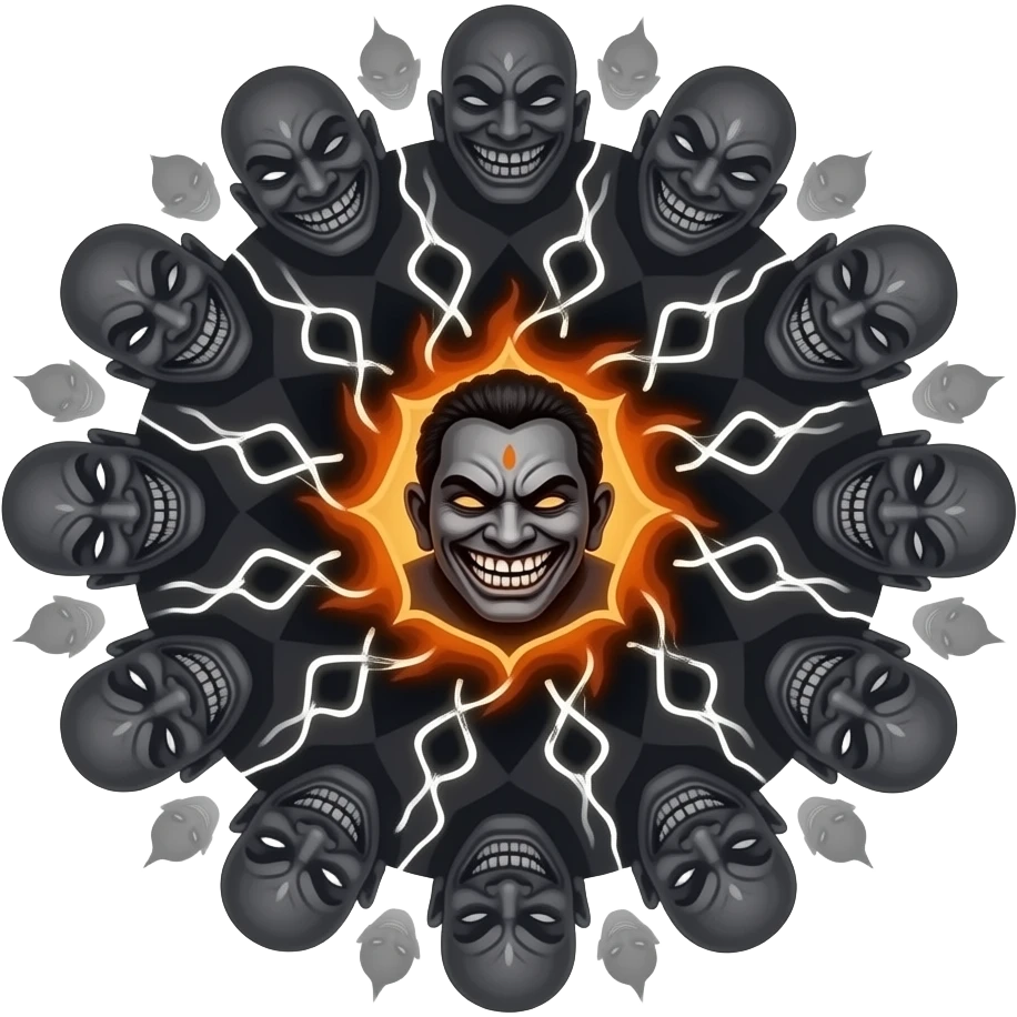 Sahasadecha, the demon of a thousand faces, creating multiple duplicate shadowy forms, chaotic energy, multiple heads in different angles, trickster aura, dark smoke background. emoji