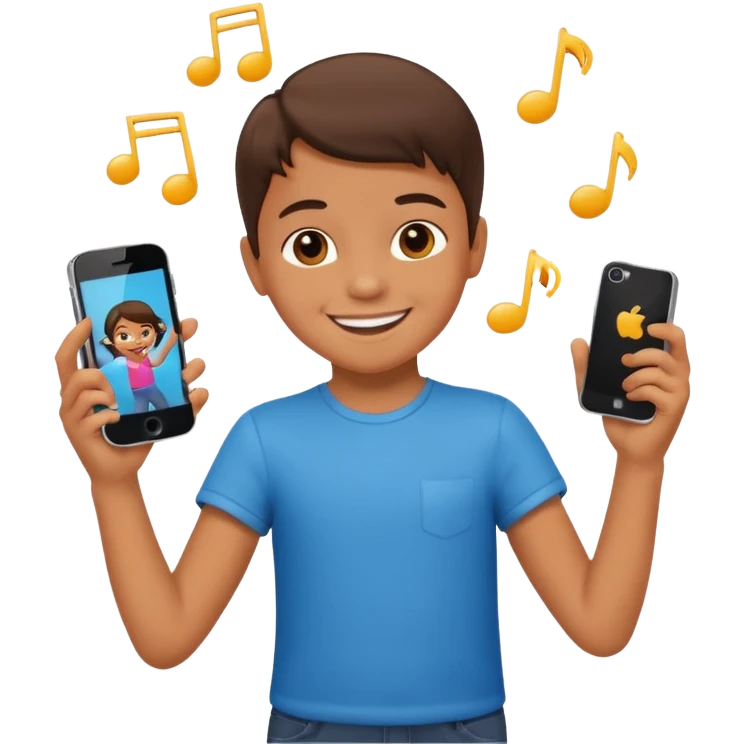 smiling child dancing, holding a phone emoji